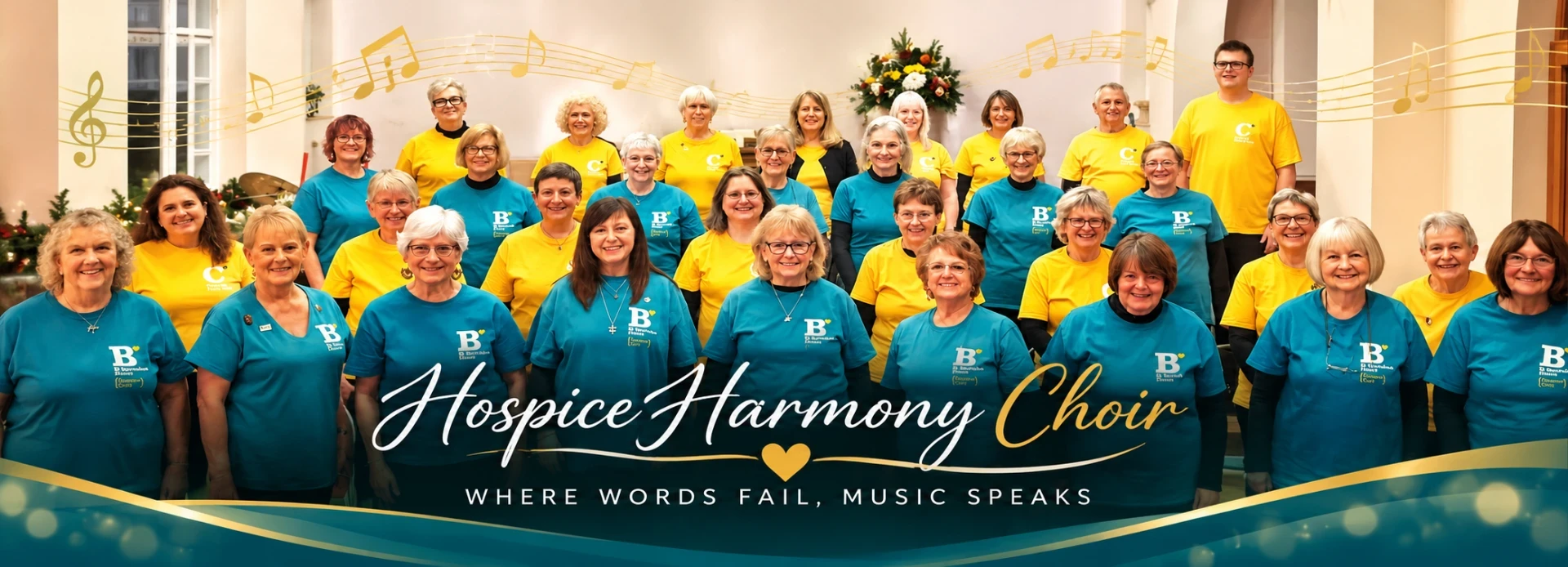The Hospice Harmony Choir posing together in teal and yellow t-shirts
